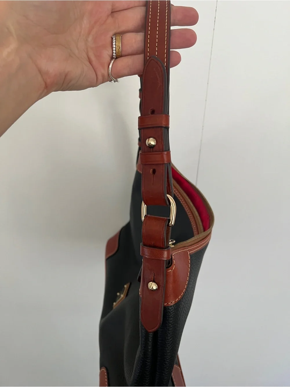 Dooney & Bourke Black Leather Shoulder Bag with Brown Trim